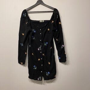 ASOS Black Long Puff Sleeve Mini Dress with Embroidered Flowers